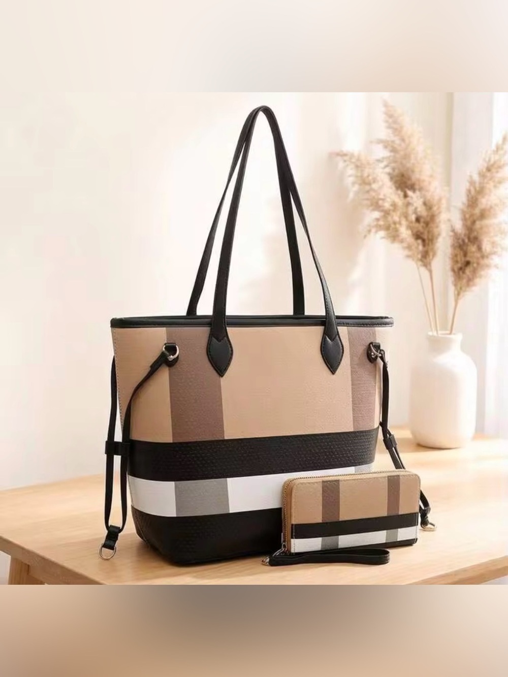 NWT Women’s Striped Tote Bag and Wallet Set - Beige & Black